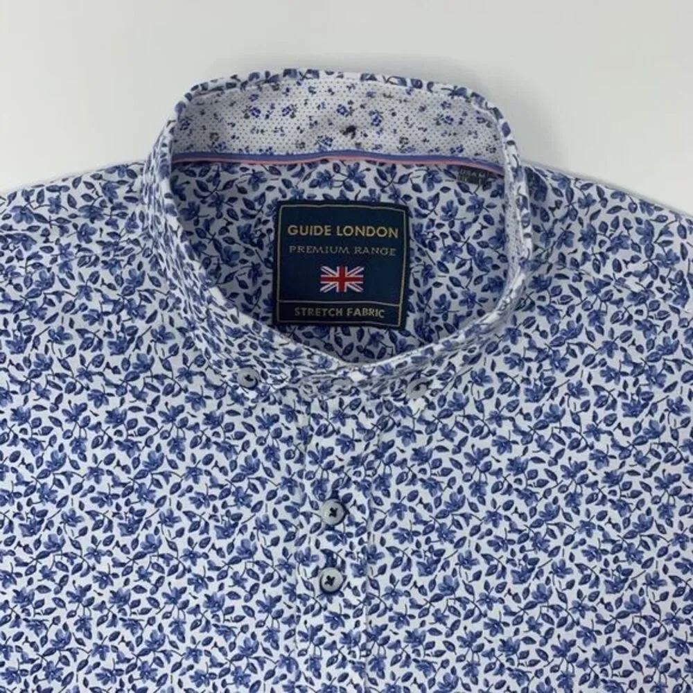 Guide London Premium Men's Shirt Short Sleeve White & Blue Floral Print Size Med